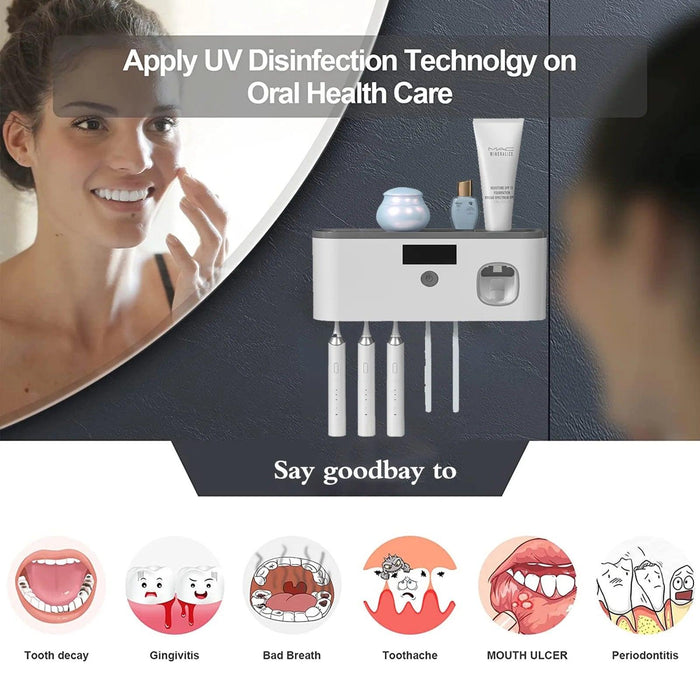 Wall Mounted Toothbrush Holder with Toothpaste Dispenser, Electric Toothbrush Holder for Bathroom, Solar Charging and No Drilling Required Smart Clean Toothbrush Organizer with 5 Brush Slots 
 
Organize Your Bathroom with a Smart Toothbrush Holder - No Drilling, Solar Charging, Holds 5 Brushes!  Lacatang Shop Lacatang Shop 