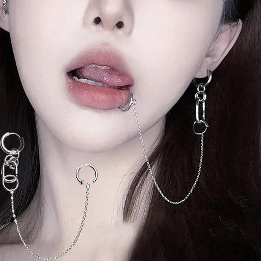 Cool Style Fake Piercing Lip Clip Earring Punk Chain Linked Earrings Hinged Lip Ring For Women Men Fashion Jewelry Accessories - Lacatang Shop