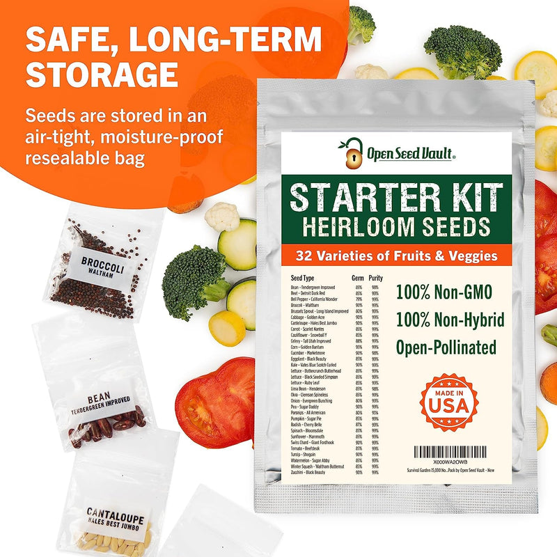15,000 Non GMO Heirloom Vegetable Seeds for Planting Vegetables and Fruits - 32 Variety Pack of Vegetable Seeds for Gardening, Survival Gear, Seed Vault Emergency Supplies Kit - Lacatang Shop