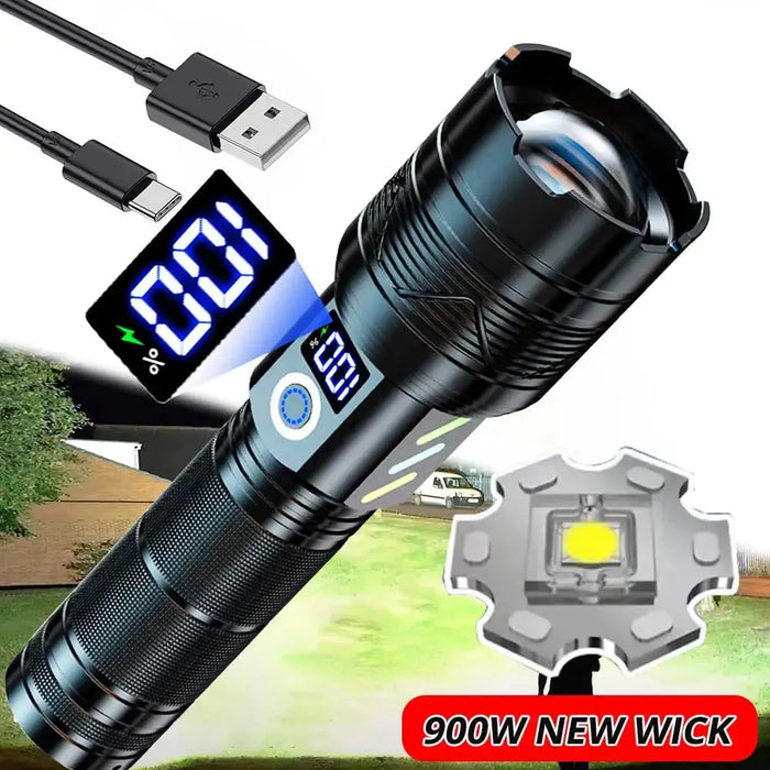 900W 900000000LM Powerful FlashLight Torch Long-range Powerful LED Flashlight USB Rechargeable Outdoor Camping Lamp Zoom Lantern