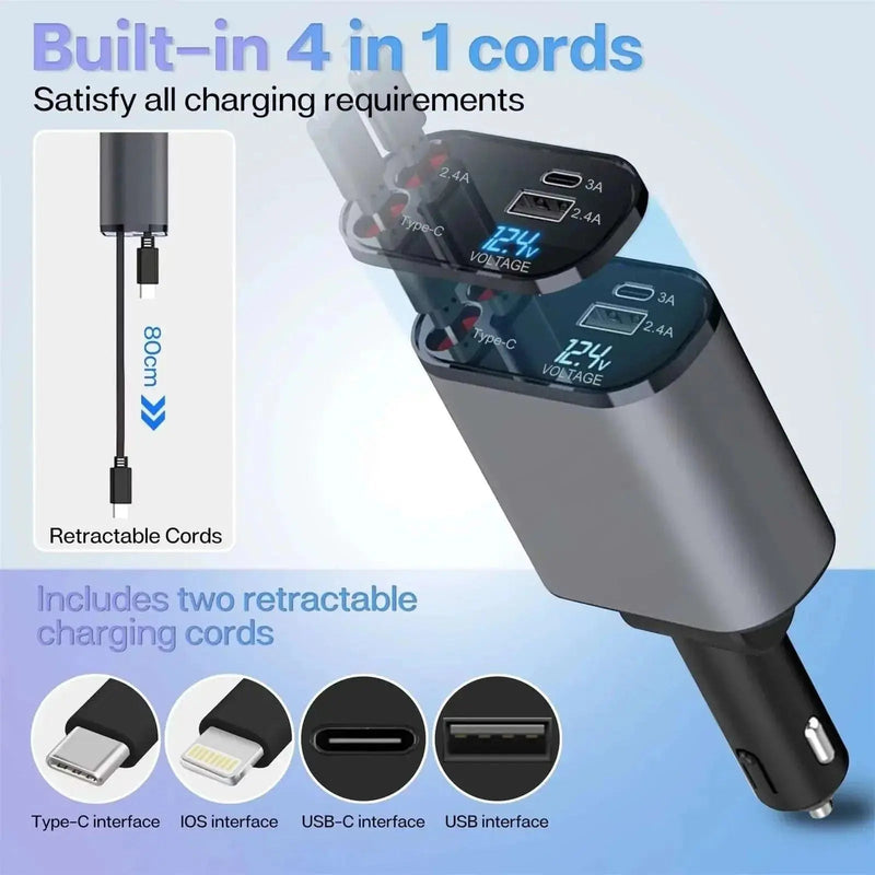 4 in 1 Retractable Car Charger, 100W Fast Car Phone Charger with Iphone and Type C Cable and 2 Charging Ports Car Charger Adapter - Lacatang Shop