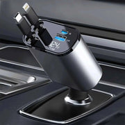 4-in-1 Retractable Car Charger with 100W Fast Charging, Featuring Built-in iPhone and USB Type-C Cables