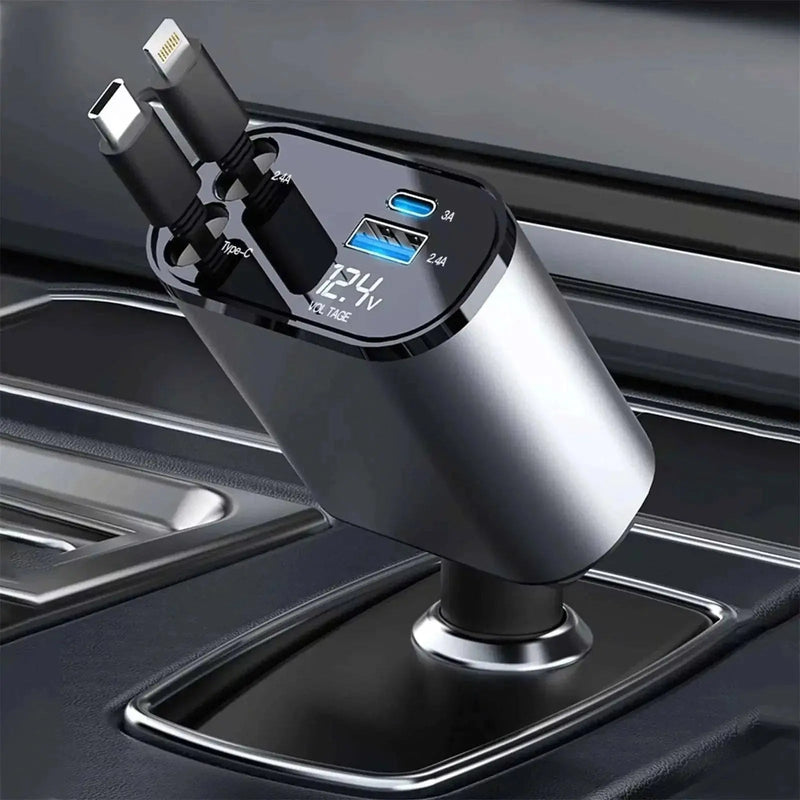 4-in-1 Retractable Car Charger with 100W Fast Charging, Featuring Built-in iPhone and USB Type-C Cables