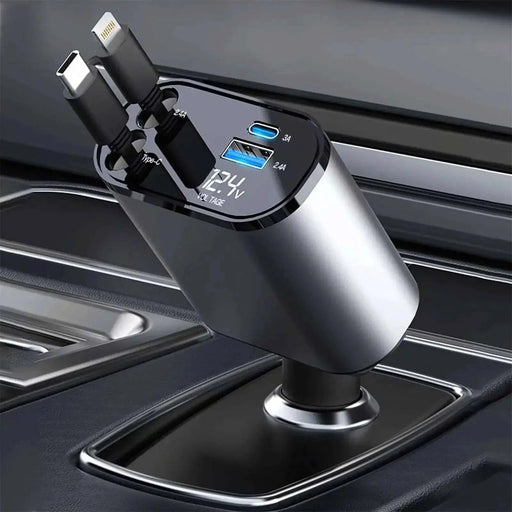 4-in-1 Retractable Car Charger with 100W Fast Charging, Featuring Built-in iPhone and USB Type-C Cables