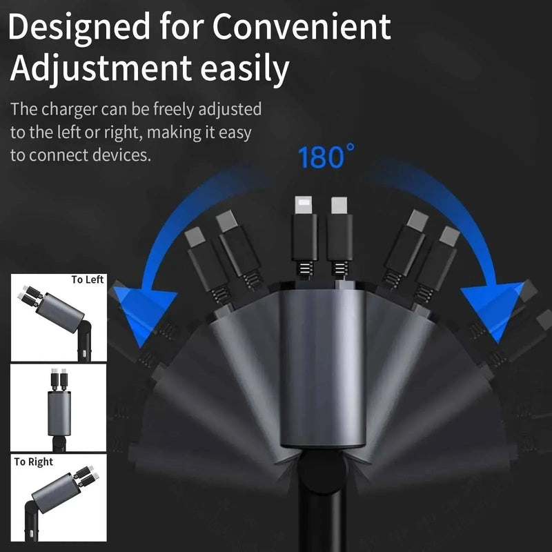 4 in 1 Retractable Car Charger, 100W Fast Car Phone Charger with Iphone and Type C Cable and 2 Charging Ports Car Charger Adapter - Lacatang Shop