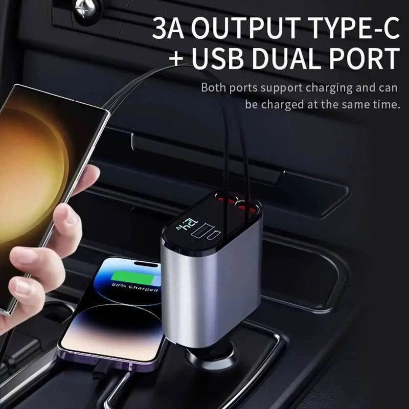 4 in 1 Retractable Car Charger, 100W Fast Car Phone Charger with Iphone and Type C Cable and 2 Charging Ports Car Charger Adapter - Lacatang Shop