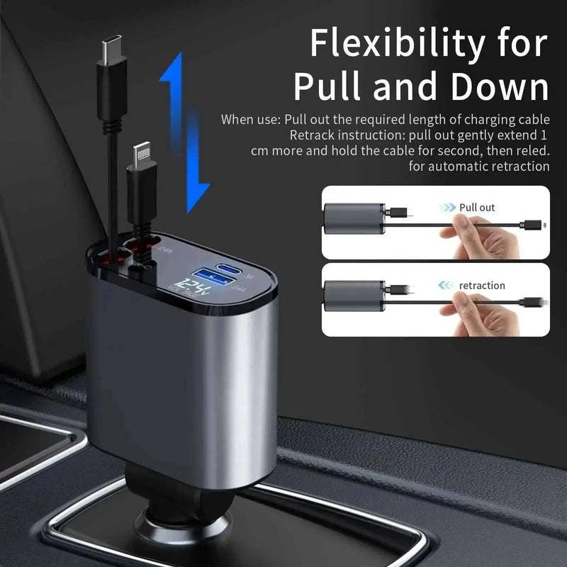 4 in 1 Retractable Car Charger, 100W Fast Car Phone Charger with Iphone and Type C Cable and 2 Charging Ports Car Charger Adapter - Lacatang Shop