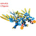 A vibrant LEGO dragon from Lacatang Shop, featuring blue and gold accents and a fire-breathing design, made from non-toxic ABS material for an engaging building experience. The model includes two minifigure soldiers on board, one wielding a golden weapon. The text "439+PCS 2 Figures" is displayed in red font.