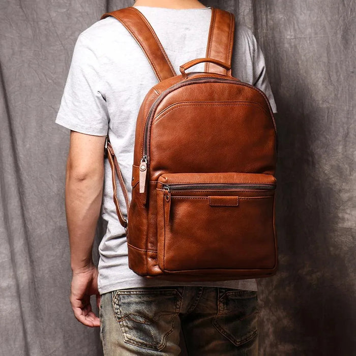 Genuine Leather Men Backpack 14 Inch Laptop Backpack Travel School Backpack Male Fashion Backpack Brown Cowhide Backpack - Lacatang Shop