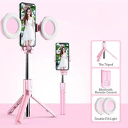 4In1 Wireless Bluetooth Compatible Selfie Stick LED Ring Light Extendable Handheld Monopod Live Tripod for Iphone 15 14 13 - Lacatang Shop