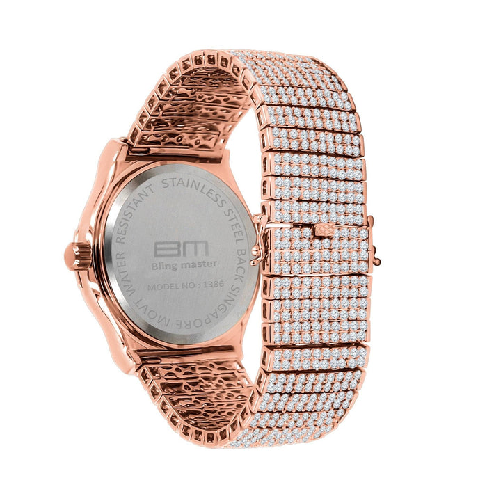 The Lilac Quartz GALLANT CZ Watch (5110335) features a rose gold finish and a stainless steel back. Its intricately designed band, adorned with rows of sparkling stones, accentuates the elegance of this Bling Master Branded Timepiece. With the watch face turned away, attention is drawn to the detailed clasp and exquisite craftsmanship.