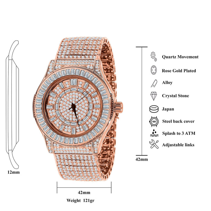 Explore the GALLANT CZ Watch by Lilac Quartz, a luxurious timepiece adorned with rose gold plating and crystal stones. This exquisite watch features quartz movement, adjustable links, and a 42mm diameter. With water resistance up to 3 ATM and weighing 121 grams, it perfectly blends style with precision.