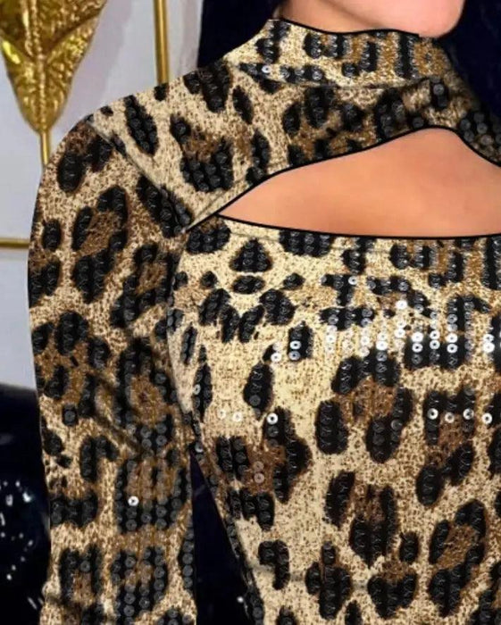 Hot Selling 2024 Fashion Leopard Print Stand Up Collar Long Sleeved Contrasting Sequin Jumpsuit Hollowed Out Women's T-Shirt Leopard Print Jumpsuit - Stand Up Collar, Long Sleeves  AliExpress Lacatang Shop 