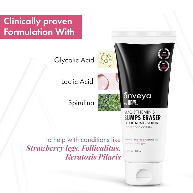 Skin Smoothening Bumps Eraser Exfoliating Body Scrub | for Bumpy & Dry Skin, Keratosis Pilaris & Ingrown Hair | Glycolic Acid, Lactic Acid & Spirulina | All Skin Types | for Women & Men | 100Ml | Anveya