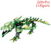 A green and gold dragon toy from Lacatang Shop, crafted using non-toxic ABS interlocking building blocks, showcases articulated limbs. The fierce expression of the New Phantom Ninja Dragon stands prominently against a plain white background. The text highlights "328+ Pcs 1+ Figure," promoting manipulative ability through engaging play.