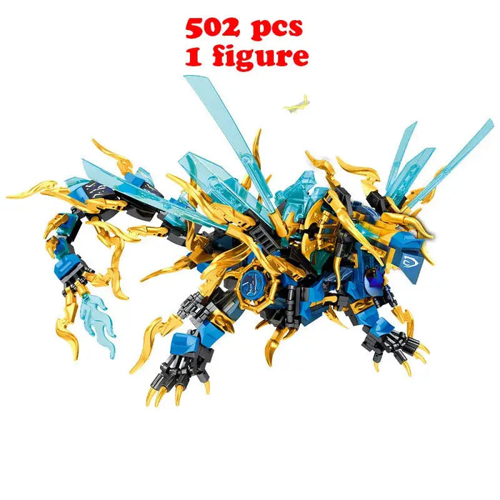 Introducing the New Phantom Ninja Dragon Ship Model Building Blocks by Lacatang Shop: A creative expert kids toy with a dragon-themed design in blue and gold, featuring translucent wings. Crafted from non-toxic ABS blocks, this set includes 502 pieces and 1 figure, ensuring both safety and fun while enhancing manipulative skills. Perfect for boys and children.