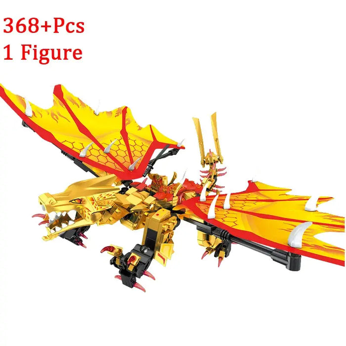 A colorful New Phantom Ninja Dragon Ship figure from Lacatang Shop, made with non-toxic ABS material, is depicted with stunning gold and orange wings. The accompanying text reads "368+ Pcs, 1 Figure." Featuring intricate red and black details, this dragon enhances manipulative skills when used with compatible block toys.