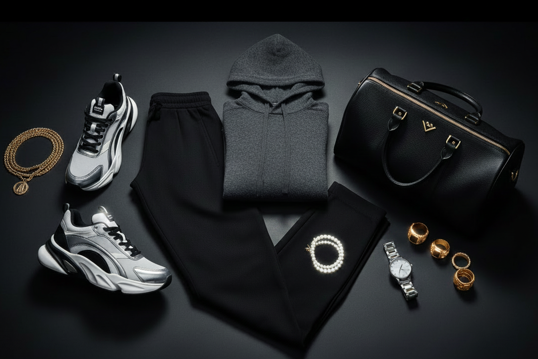 Fashionable outfit with hoodie, pants, shoes, and accessories on a dark surface