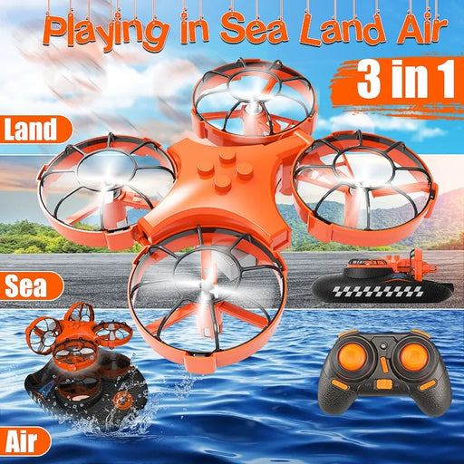 A labeled ad showcases the Lacatang Shop's RC Drone Quadcopter, boasting three-in-one capabilities to operate on land, sea, and air. The image features the bright orange drone flying, floating on water, and driving on the ground alongside a black and orange remote control. The text reads "Playing in Sea Land Air" and "3 in 1".