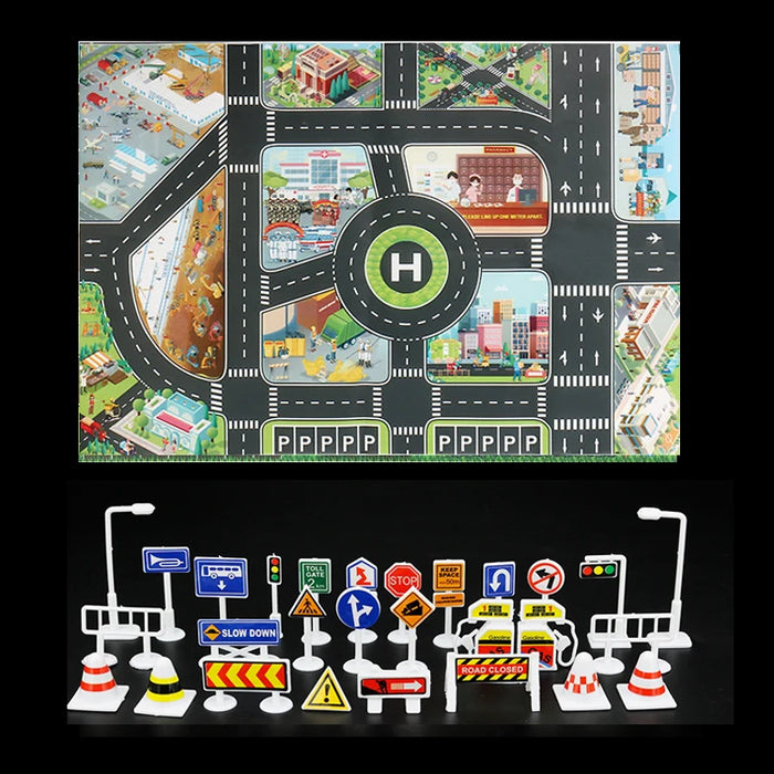 The Lacatang Shop City Traffic Play Mat for Babies is an educational road map carpet featuring a city layout with roads and parking. It includes miniature road signs and traffic barriers to teach kids essential road safety concepts like stopping, yielding, and parking.