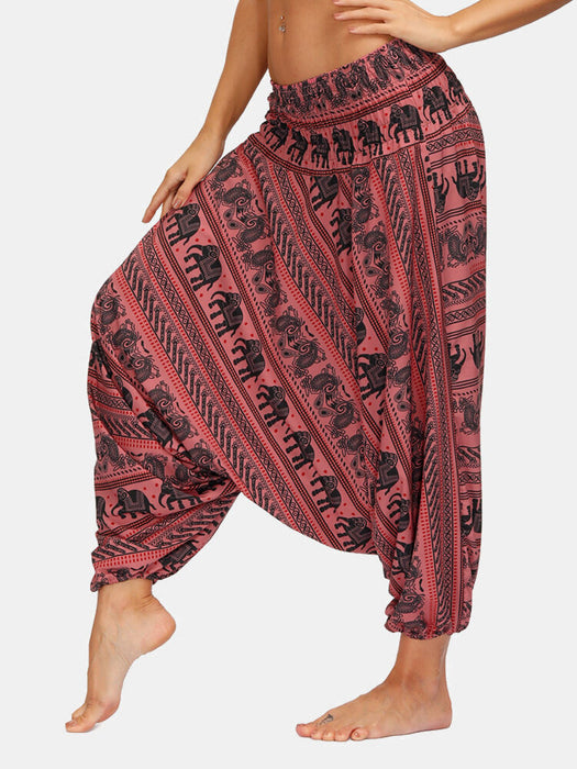 New Women Elephant Printed Track Pants Summer Elastic High Waist Bloomers Casual Indian Thailand Wide Leg Loose Dance Pants