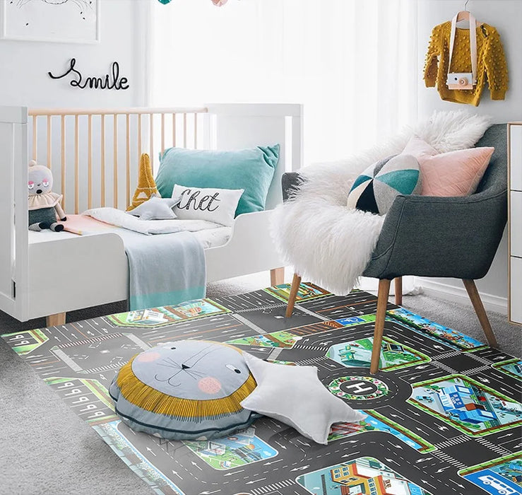 Children's City Traffic Educational Play Mat - 130x100 cm Non-Woven Carpet for Boys & Girls, Ideal for Bedrooms and Developmental Play Children's City Traffic Educational Play Mat - 130x100 cm Non-Woven   Lacatang Shop Lacatang Shop 