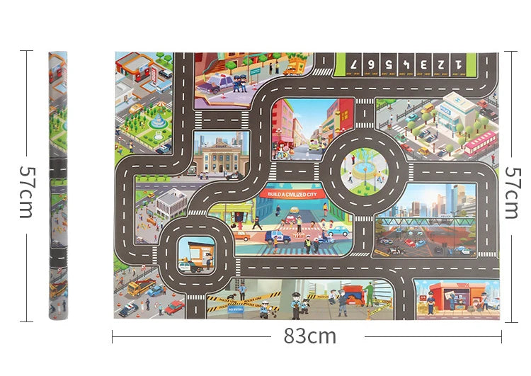 The Lacatang Shop's City Traffic Play Mat is a vibrant, educational road map carpet for babies with streets, intersections, a roundabout, and buildings. It measures 83 cm by 57 cm and rolls up to 57 cm high, making it perfect for introducing road safety concepts to young learners.