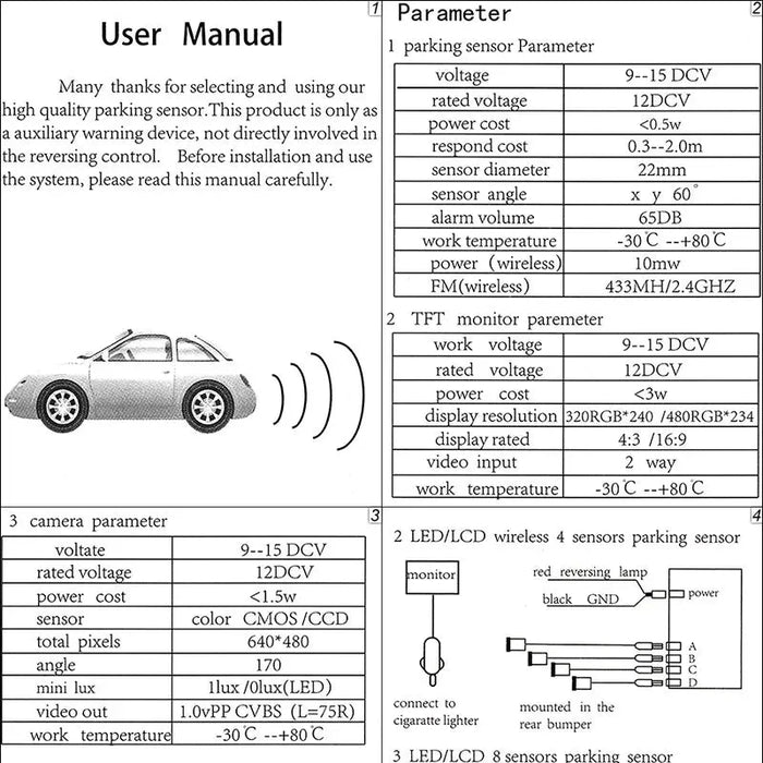 Weatherproof 4 Rear View Car Parking Sensor Reverse Backup Radar Kit with LED Display Monitor car parking system Weatherproof Car Parking Sensor Kit with LED Monitor - 4 Rear View  Lacatang Shop Lacatang Shop 