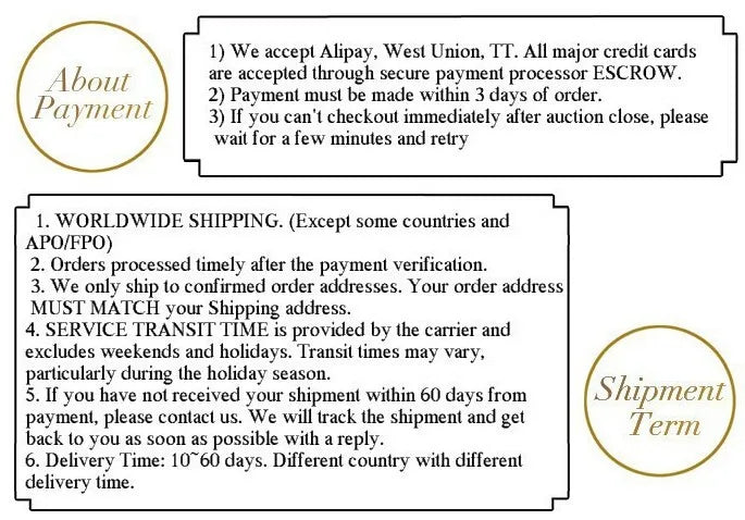 This notice details payment and shipping terms for your TURBO RACING 1:76 Remote Control Car Track Mat with Cement Blocks and Drift Jumps from Lacatang Shop. Pay via Alipay, West Union, or TT using ESCROW. Enjoy global shipping with processing times and delivery in 10 to 60 days.