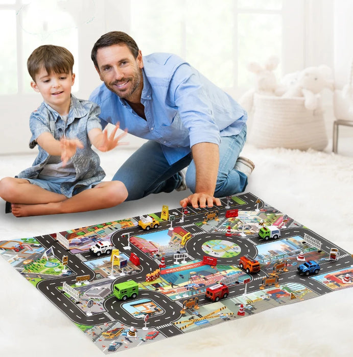 A man and child smile playing with Lacatang Shop's City Traffic Play Mat for Babies, an educational road map carpet featuring roads, buildings, toy vehicles, car parking spots, and traffic signs. They sit on a soft white rug in a bright room.