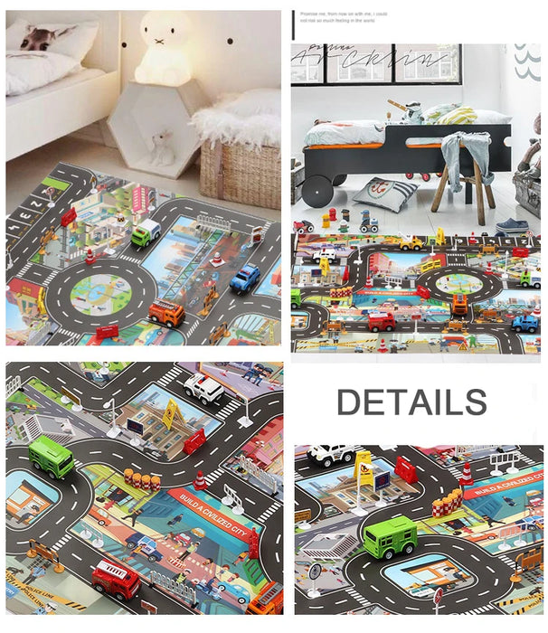 Collage of playroom images featuring the Lacatang Shop's City Traffic Play Mat for Babies, an educational road map carpet with car parking and traffic signs. Includes close-ups showing vehicle toys on colorful roadways, introducing road safety concepts and enhancing imaginative play.