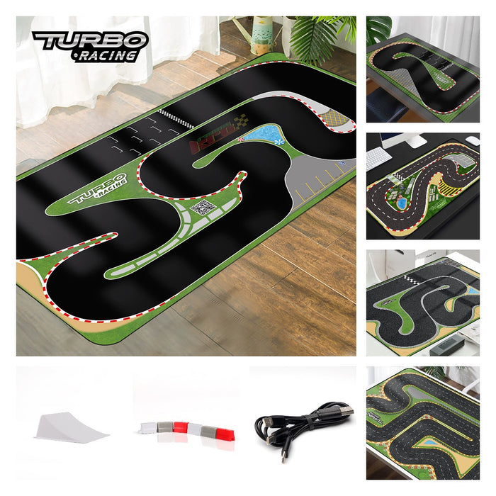 Images display the Turbo Remote Control Drift Car Track for All Ages by Lacatang Shop, featuring winding track layouts on a wooden floor. Accessories like a charging cable, road pieces, and a Turbo Remote Control Drift Car enhance the racing experience.