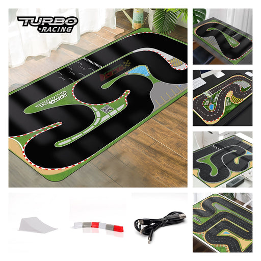 A captivating collage features the Lacatang Shop's Turbo Mini Drift Scene Remote Control Car Track play mat. The mat, displayed on a wooden floor, showcases winding roads, parking areas, starting lines, track details, drift action scenes, and includes small foam pieces.