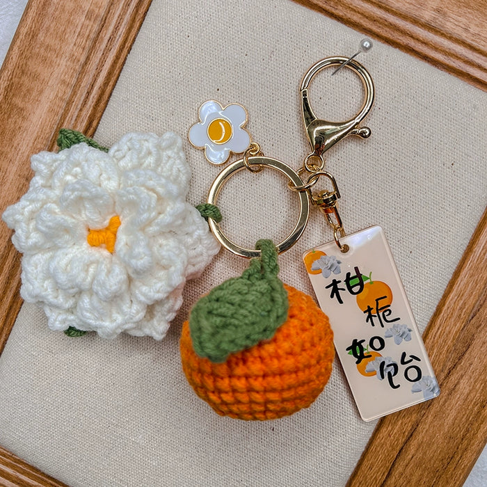 Citrus Gardenia Crochet Keychain Kit - Hand-Woven Wool Pendant for DIY Gifts