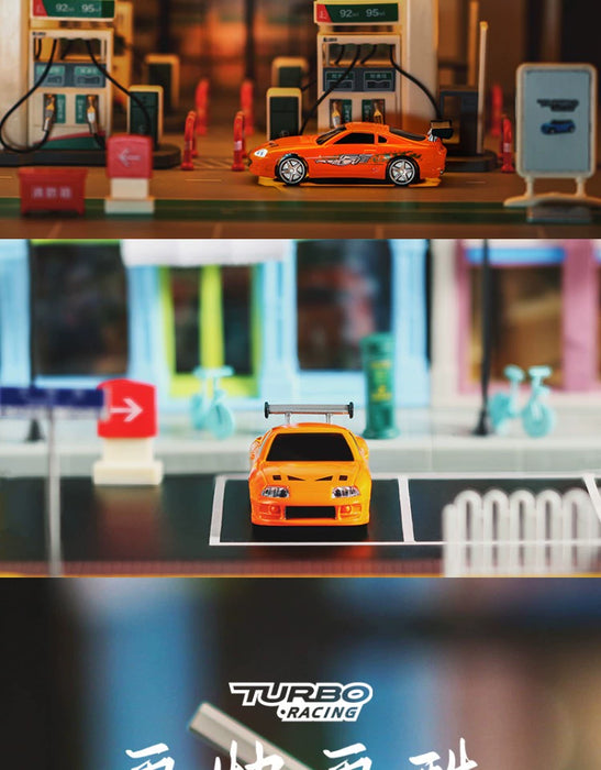 Close-up of a Turbo1/76 Miniature RC Remote Control Electric Sports Car from Lacatang Shop in three different scenes. The first shows the orange Toyota Mini at a toy gas station, the second on a miniature street with a parking spot, and the third with the "TURBO RACING" logo partly visible in the background.