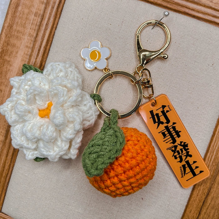 Citrus Gardenia Crochet Keychain Kit - Hand-Woven Wool Pendant for DIY Gifts