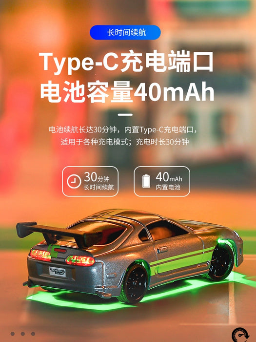 A promotional image featuring the Lacatang Shop Turbo1/76 Miniature RC Remote Control Electric Sports Car C71 C72 C73 Simulation Toyota Mini Desktop Remote Control Car with green underglow lights and text in Chinese. The text highlights a 40mAh battery capacity and a Type-C charging port, offering a 30-minute long battery life. The electric sports car is prominently displayed in the foreground.