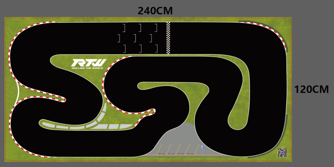 The Turbo Mini Drift Scene Remote Control Car Track by Lacatang Shop is a 240cm x 120cm car racetrack with winding paths, red-and-white striped borders, starting grid lines, parking spaces, and a checkered finish line. It features the "RTW Rolling the World" logo for action-packed racing fun.