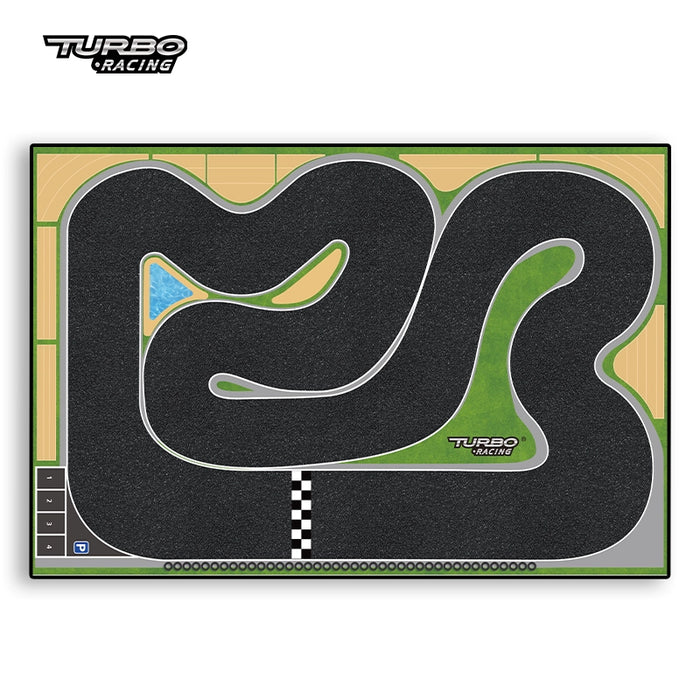 A top-down view of Lacatang Shop's "Turbo Mini Drift Scene Remote Control Car Track" reveals winding roads, a vibrant green area with a small blue section, and a checkered start/finish line marking the "Turbo Racing" zone for an exhilarating drifting experience.