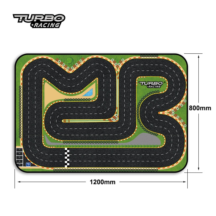 The Lacatang Shop's Turbo Mini Drift Scene Remote Control Car Track is a 1200mm by 800mm rectangular mat with black winding tracks, green surroundings, a start/finish line, beige parking area, and "Turbo Racing" logo—ideal for remote control car track adventures.