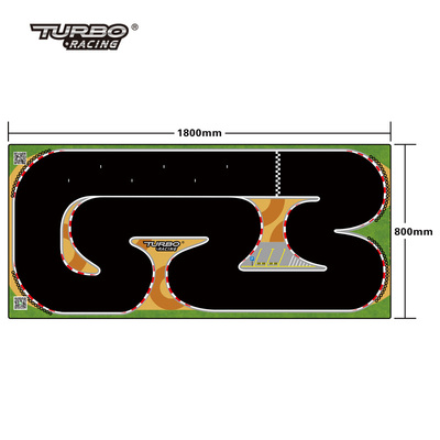 The "Turbo Remote Control Drift Car Track for All Ages" by Lacatang Shop features a 1800mm by 800mm rectangular design with curving black lanes, a starting line, and colorful borders on a vibrant green background. Perfect for drift cars.