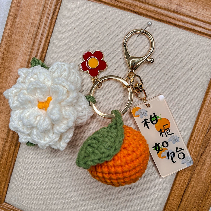 Citrus Gardenia Crochet Keychain Kit - Hand-Woven Wool Pendant for DIY Gifts