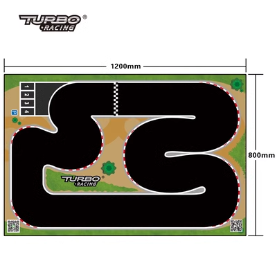 The Lacatang Shop's Turbo Mini Drift Scene Remote Control Race Car Track measures 1200mm by 800mm. It has a black winding track with red and white edges, a checkered start/finish line, and pit areas marked 1 to 4. Green and brown areas surround the Turbo Racing branding.