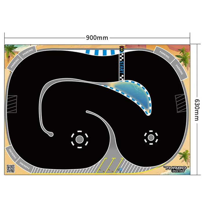 The Lacatang Shop's Turbo Mini Drift Scene Remote Control Car Track features a 900mm by 630mm winding black course with labeled parking zones, a starting line, and marked paths with arrows and curves for ultimate drifting fun.