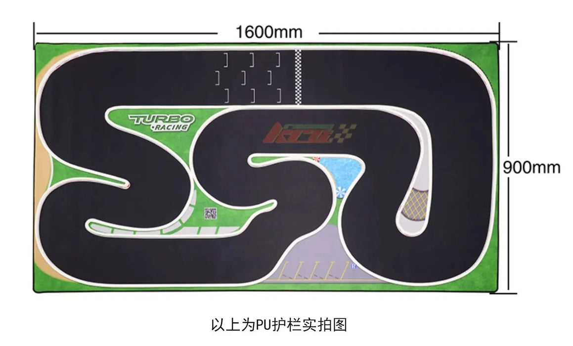 The Lacatang Shop's TURBO RACING 1:76 Drift Track Mat features a winding black track on green and gray, with "Turbo Racing" and a finish line design. Measuring 1600mm by 900mm, it includes cement block and jump features, making it ideal for RC racing enthusiasts.