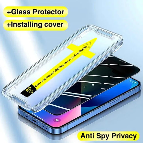 An image of a phone with an AliExpress 1-2Pc 8K High End Tempered Glass screen protector and a clear installing cover. The phone lies on a surface with the screen visible, while the "Glass Protector" screen protector and "Installing Cover" clear cover are stacked above it. This company ensures privacy and easy installation for your device.