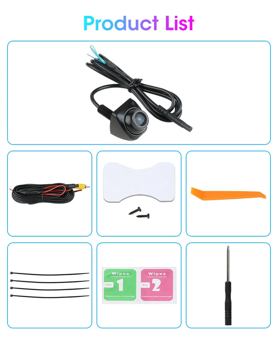 A colorful collage displays the "Product List," featuring Lacatang Shop's Develuck HD 1080P 170° Fisheye Night Vision Car Rear View Camera kit, including wires, adhesive pad, screws, orange tool, zip ties, wipes labeled 1 and 2, and a screwdriver.