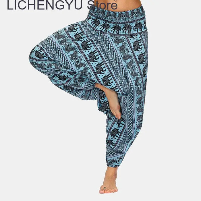 New Women Elephant Printed Track Pants Summer Elastic High Waist Bloomers Casual Indian Thailand Wide Leg Loose Dance Pants