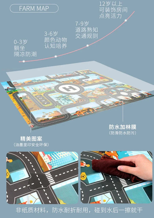 The Lacatang Shop presents an Interactive City Traffic Play Mat for Kids, a vibrant, waterproof educational rug designed for ages 3 to 12. Featuring Chinese text and a durable design, it showcases roads and farm scenes to foster imaginative play and learning with a focus on safety.