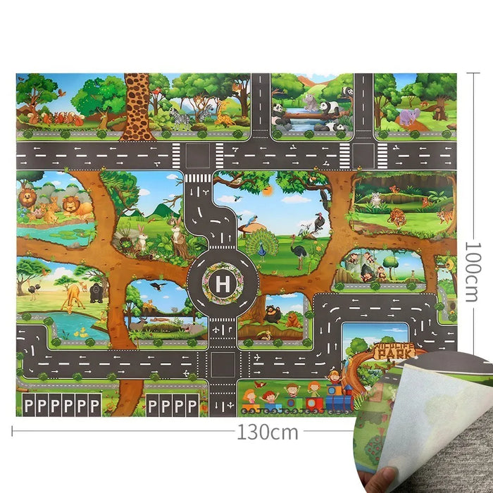 Kids Waterproof Playmat - Portable Dinosaur and Farm Road Activity Carpet for Toddlers, Non-Toxic Educational Crawling Mat